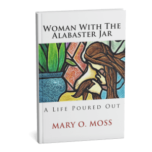 Book, "Woman With The Alabaster Jar — A Life Poured Out" cover with the stained glass style painting of the main character using her hair to wash the feet of Jesus.