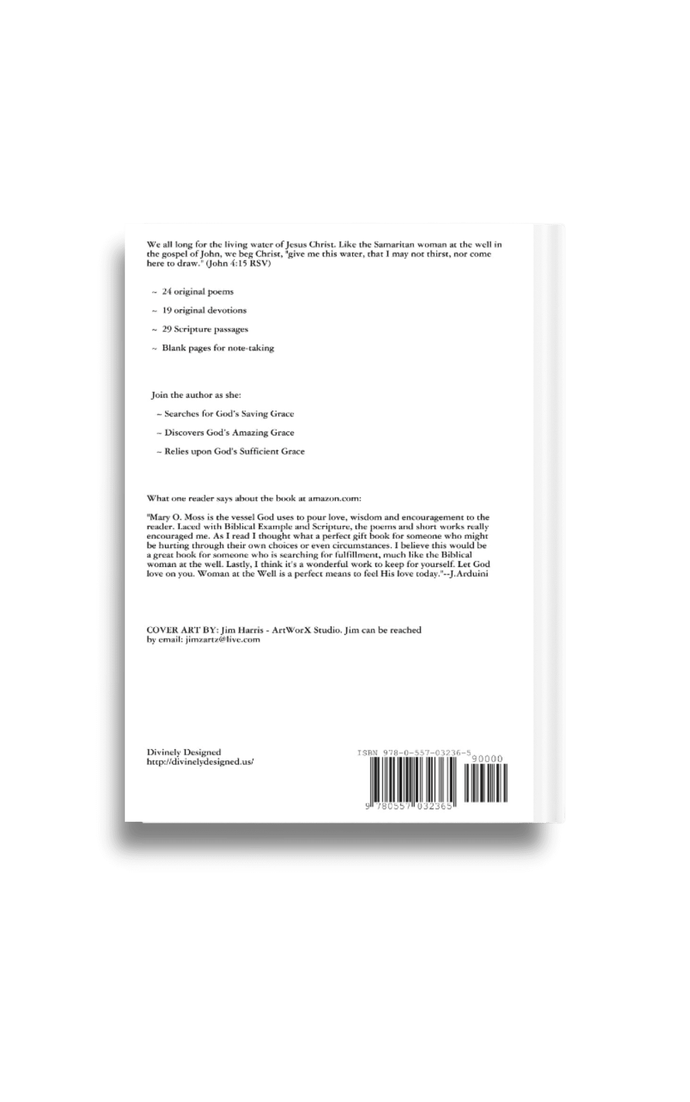 Image of the back cover of the Woman At The Well Book by Mary O. Moss. White background with black text.