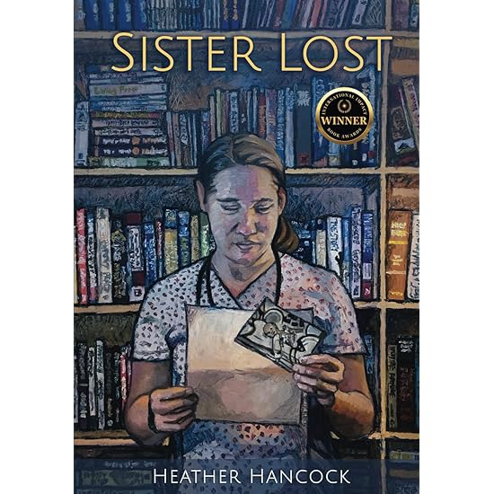 On Her Bookshelf Book cover with a nurse in a library with a file folder and a photo in her hands.