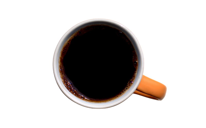Strong Brew A cup of black coffee in a mug with an orange handle.