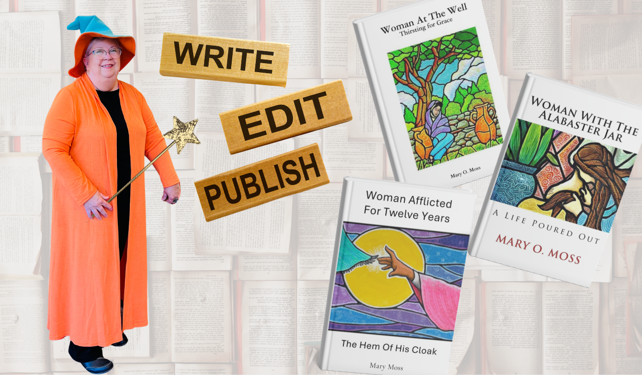 The Word Wizard making her books appear A picture of all three of Author Mary Moss's books.