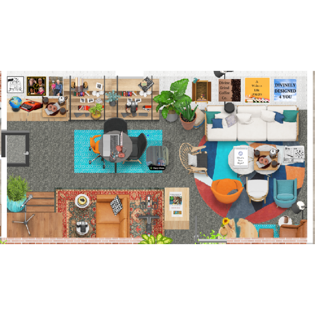 mary-moss-in-her-virtual-office A virtual room with all the comforts of a cozy office. Seating, tables, plants. Rugs on the floor. Pictures on the wall. A bottomless pot of coffee.